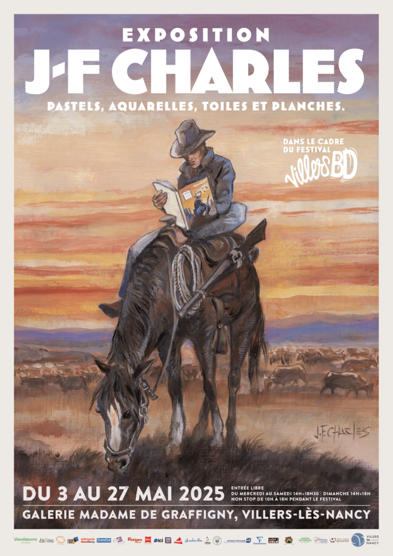 Exposition Jean-François Charles, pastels, aquarelles, toiles et planches. Dans le cadre du festival VillersBD. Du 3 au 27 mai 2025, entrée libre, du mercredi au samedi 14 heures à 18 heures 30, dimanche de 14 heures à 18 heures. Non stop de 10 heures à 18 heures pendant le festival. Galerie Madame de Graffigny, Villers-les-Nanct